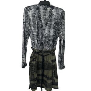 EDUN 100% Silk Abstract Print Tie Waist Dress Neutral Safari Mini Ethical M